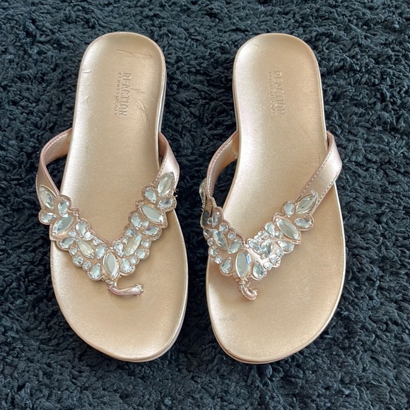 Reaction Kenneth Cole Shoes - Rose gold flip flops with jewels